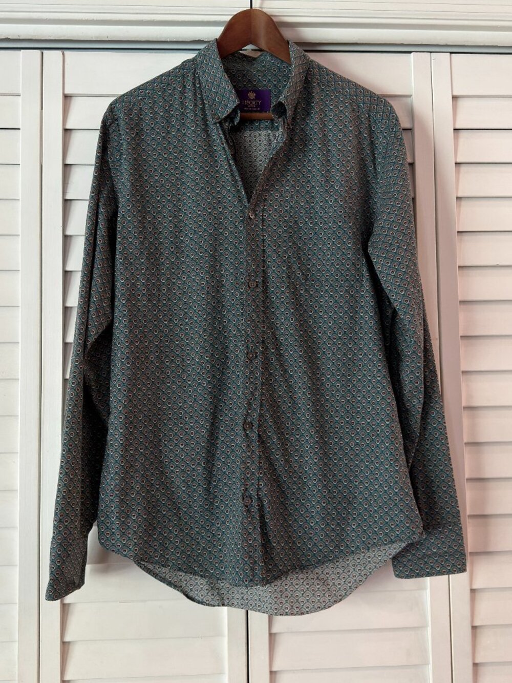 Liberty London Men's Button Up with Peacock Feather Pattern - Size M
